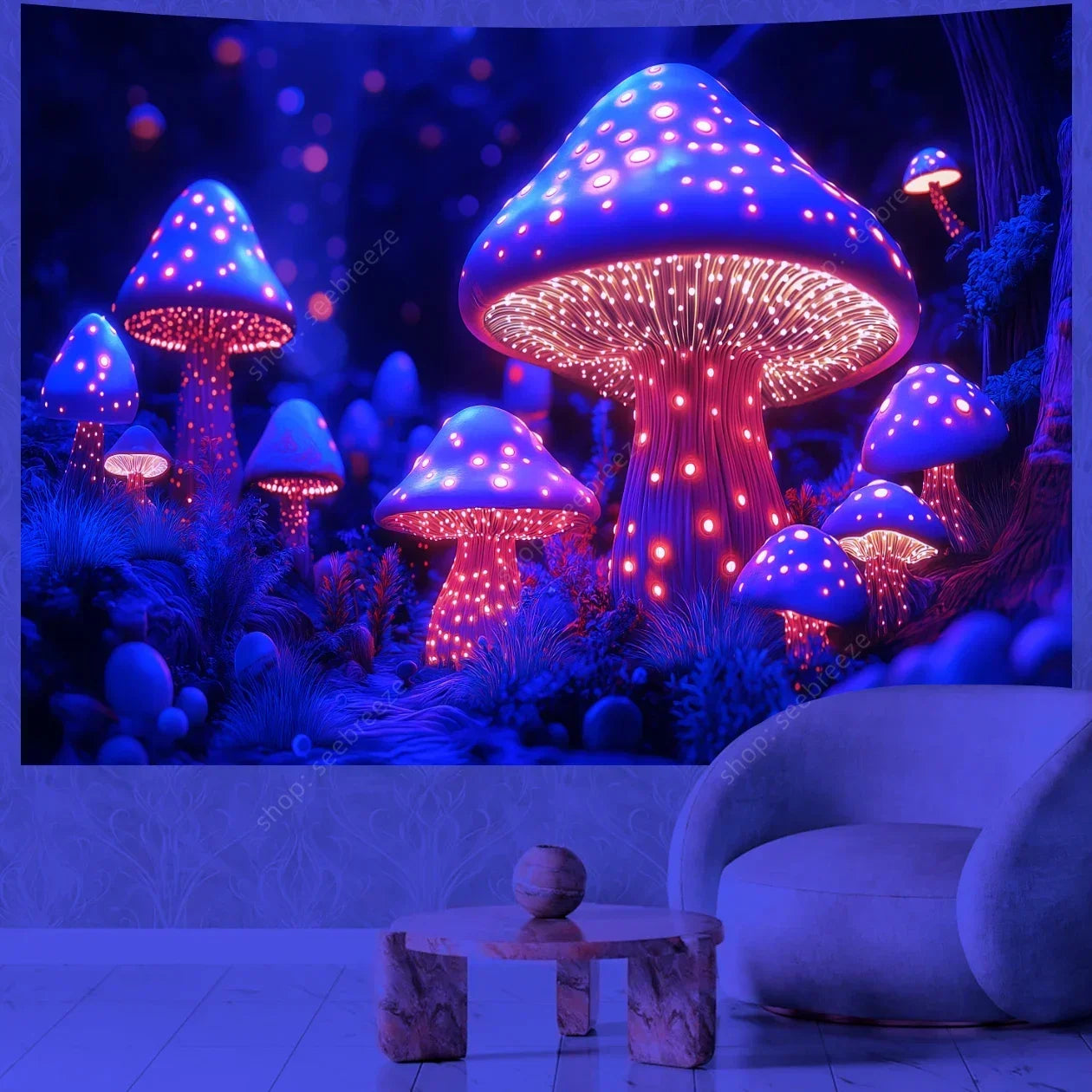 Decorative tapestry with illuminated mushroom design in a room setting.