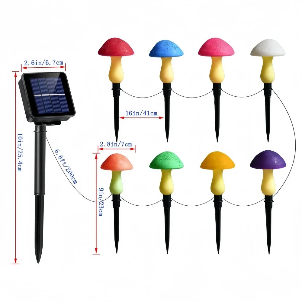 Colorful mushroom-shaped solar lights with dimensions on a white background