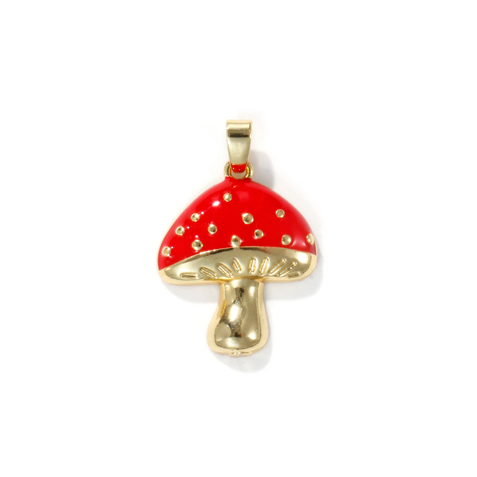 Mushroom-shaped pendant with red cap and gold body on a white background