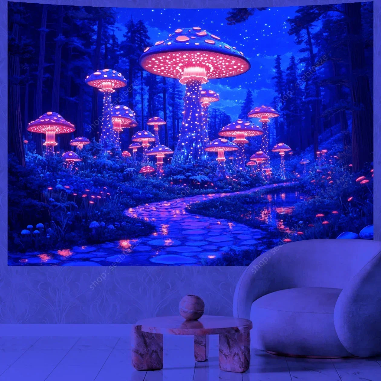 Futuristic mushroom landscape tapestry in a room with a chair and small table.