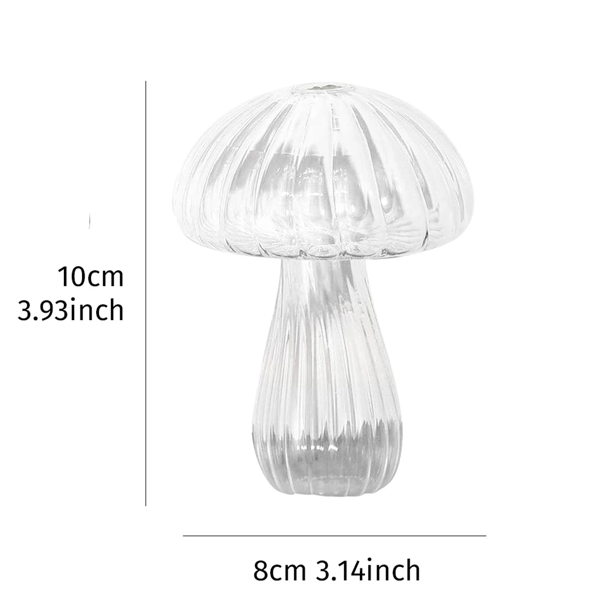 Clear glass mushroom-shaped object with measurements on a white background