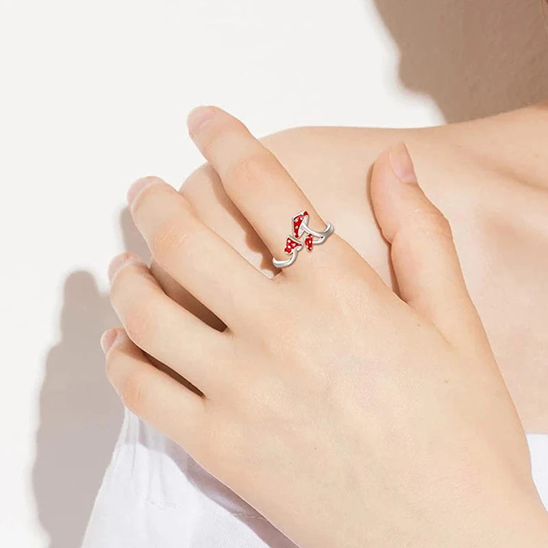 Luxury Red Mushroom Open Ring – Stainless Steel Adjustable Fantasy Ring for Women
