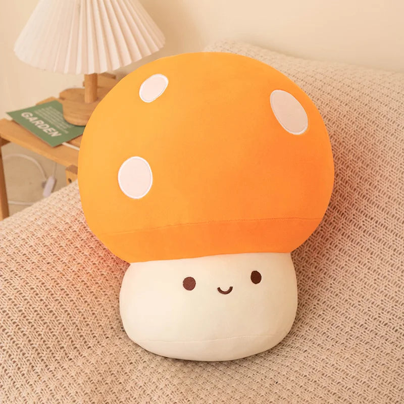 Cute mushroom-shaped plush toy on a textured surface