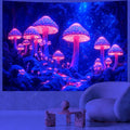 Futuristic mushrooms with glowing lights on a wall mural in a room with a white chair and small table.