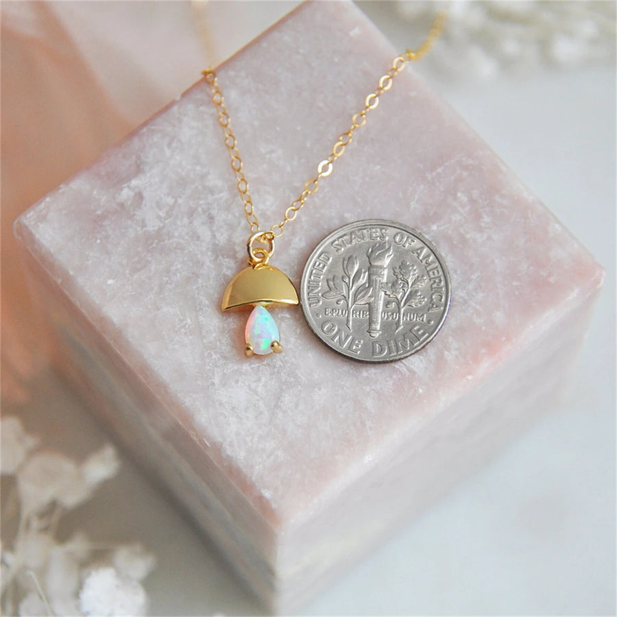 Dainty Mushroom Necklace & Earring Set – Gold-Tone Copper Jewelry Set with Opal-Style Egg White Stone (Women’s Gift)