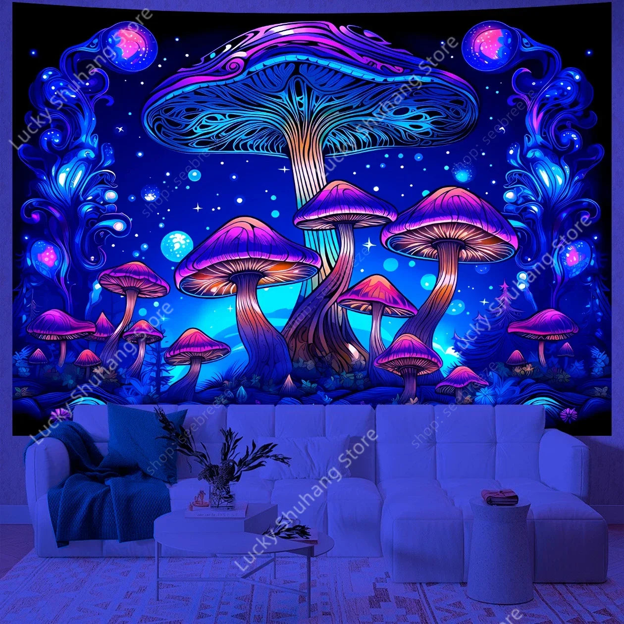 Colorful mushroom tapestry in a room with white furniture