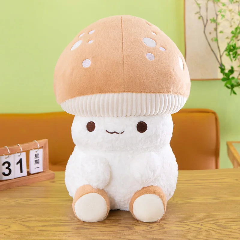 Cute plush mushroom toy on a wooden table with a light green wall in the background