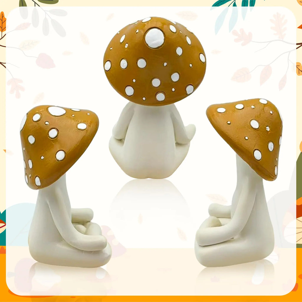 Three mushroom-shaped figurines with brown caps and white spots on a decorative background.