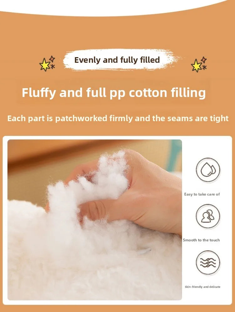 Fluffy white cotton filling with a hand touching it, on an orange background with text about the product.