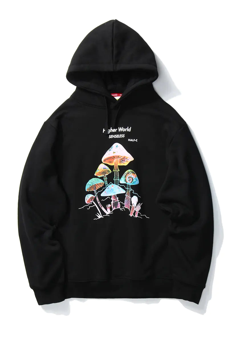 Black hoodie with colorful mushroom design on a white background