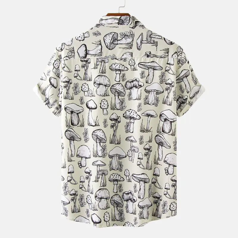 Short-sleeve shirt with mushroom pattern on a white background