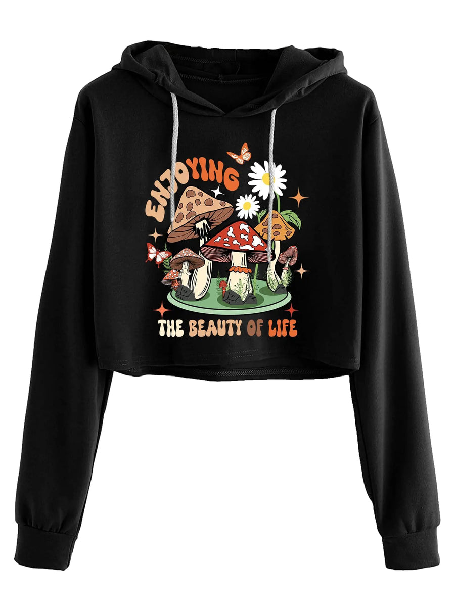 Mushroom Graphic Crop Hoodie for Women – Long-Sleeve Sweatshirt