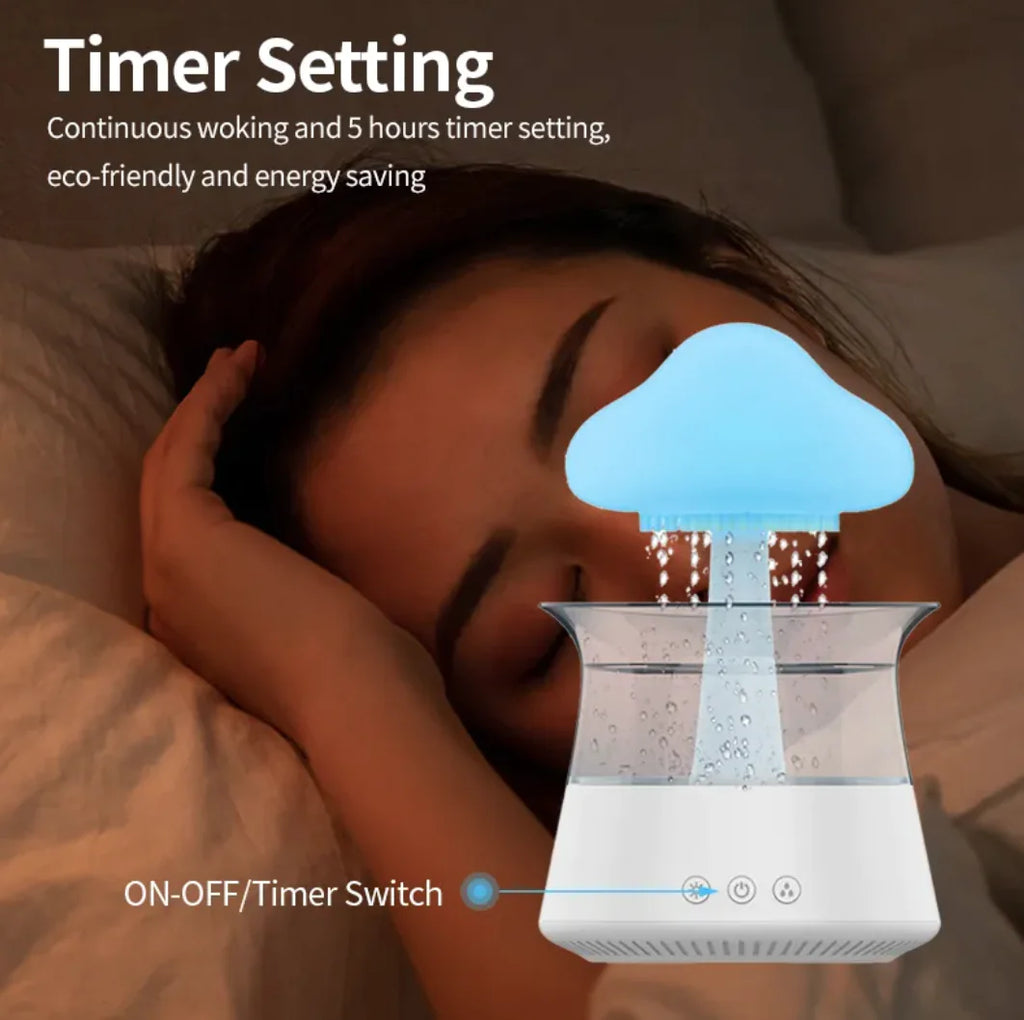 Person lying in bed with a humidifier and timer settings displayed.
