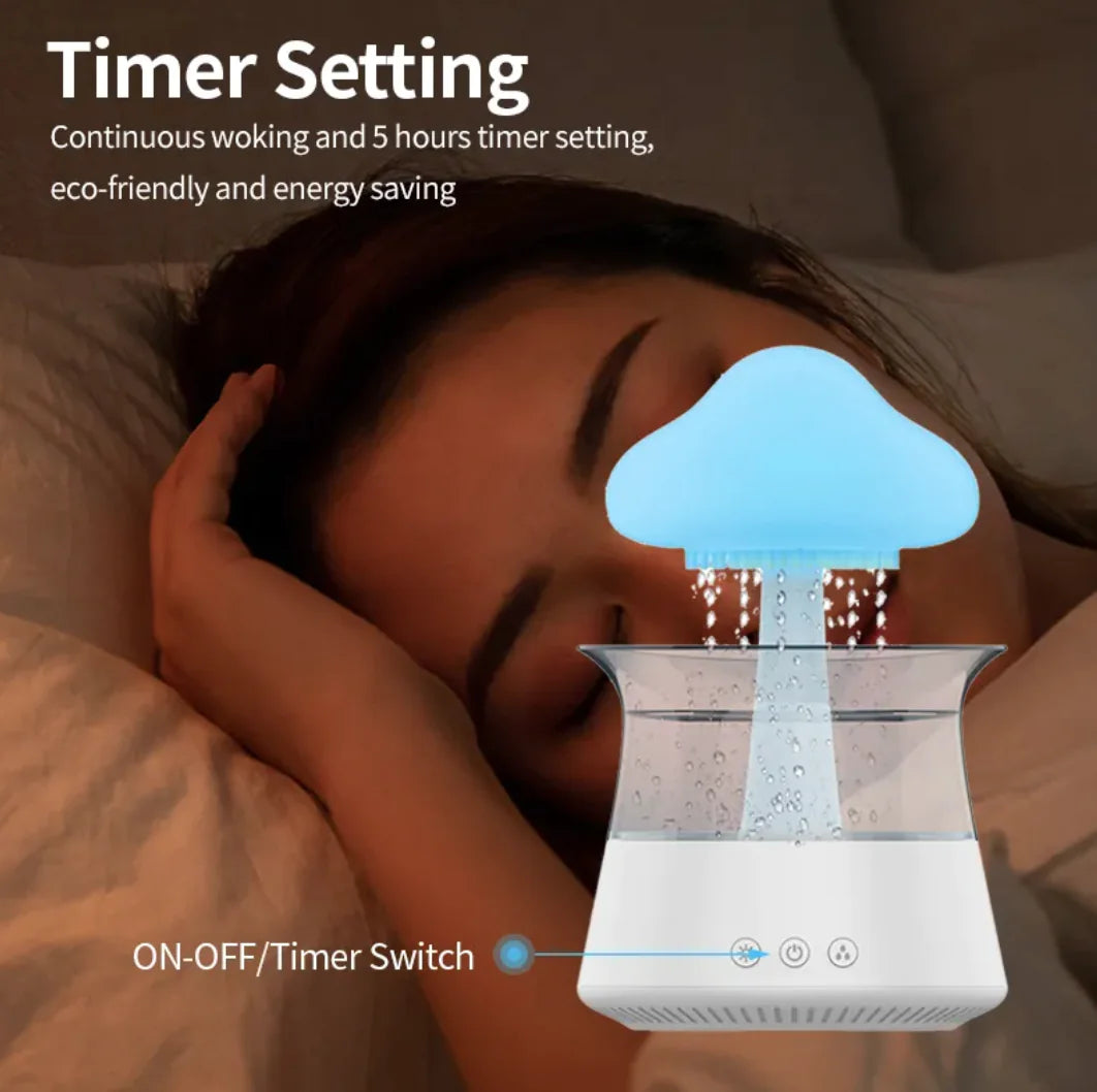 Person lying in bed with a humidifier and timer settings displayed.