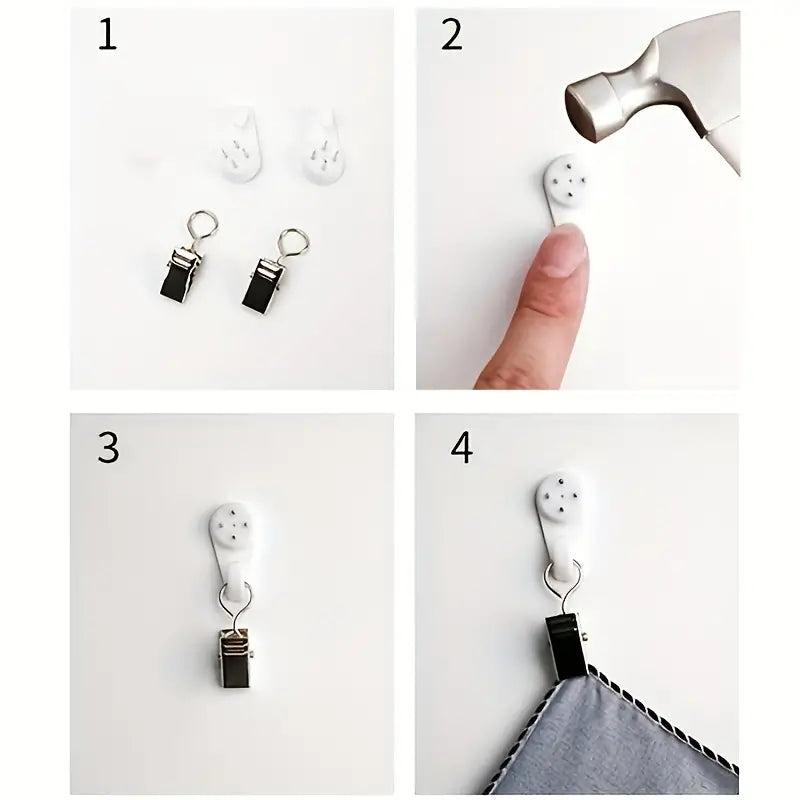 Step-by-step process of using a hook with a clip on a white background
