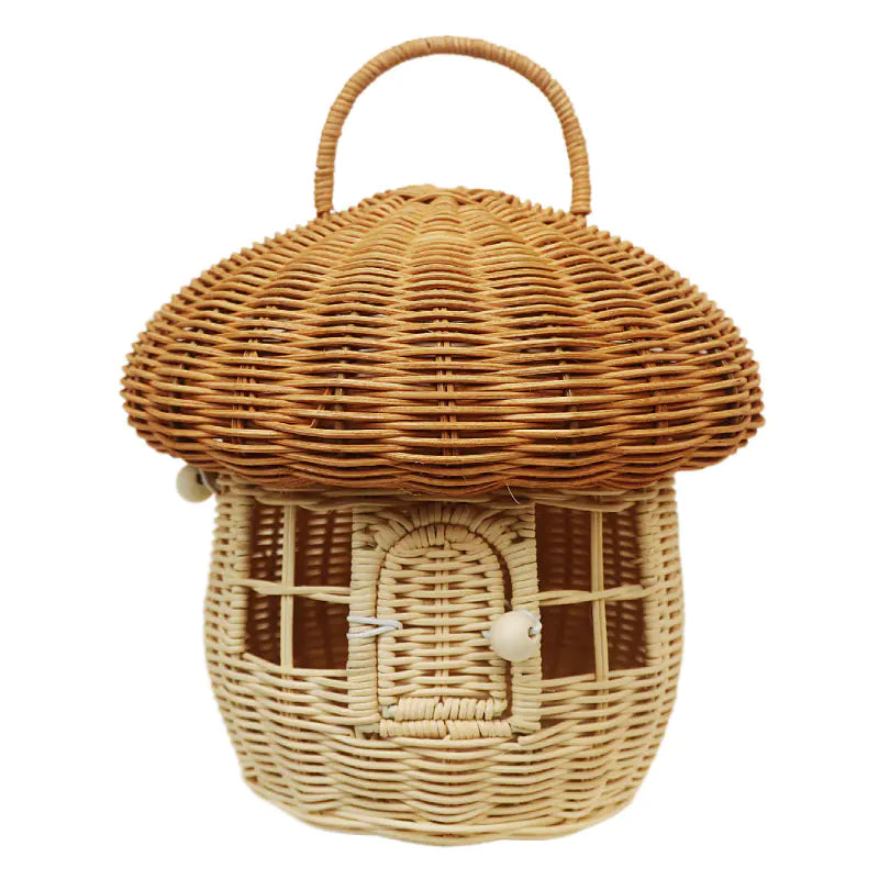 Wicker basket designed like a house with a roof on a white background