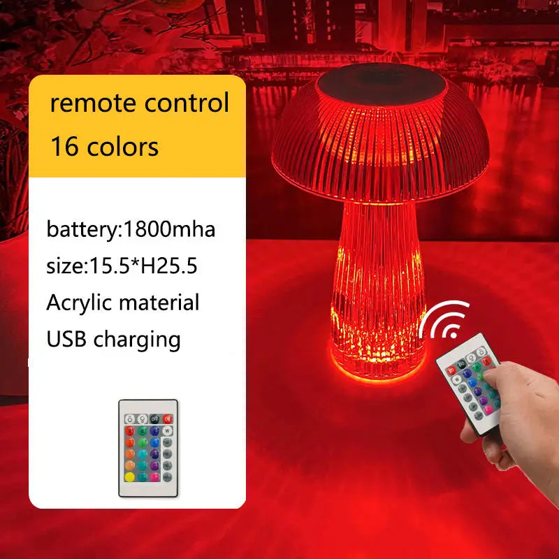 Red LED lamp with remote control and battery information on a red background