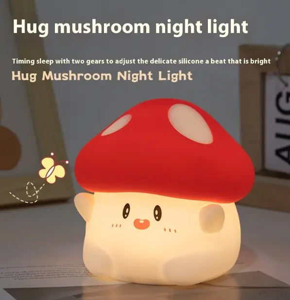 Mushroom-shaped night light with a red cap and white spots on a neutral background