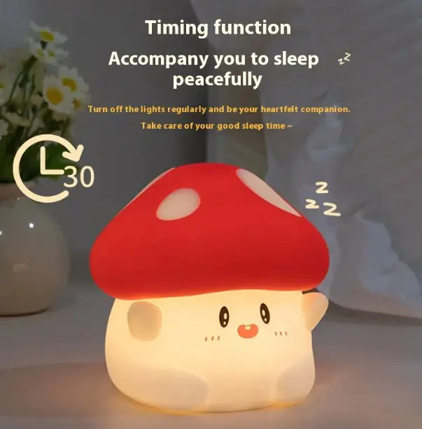 Mushroom-shaped night light with text about timing function and sleep相伴, on a blurred background.