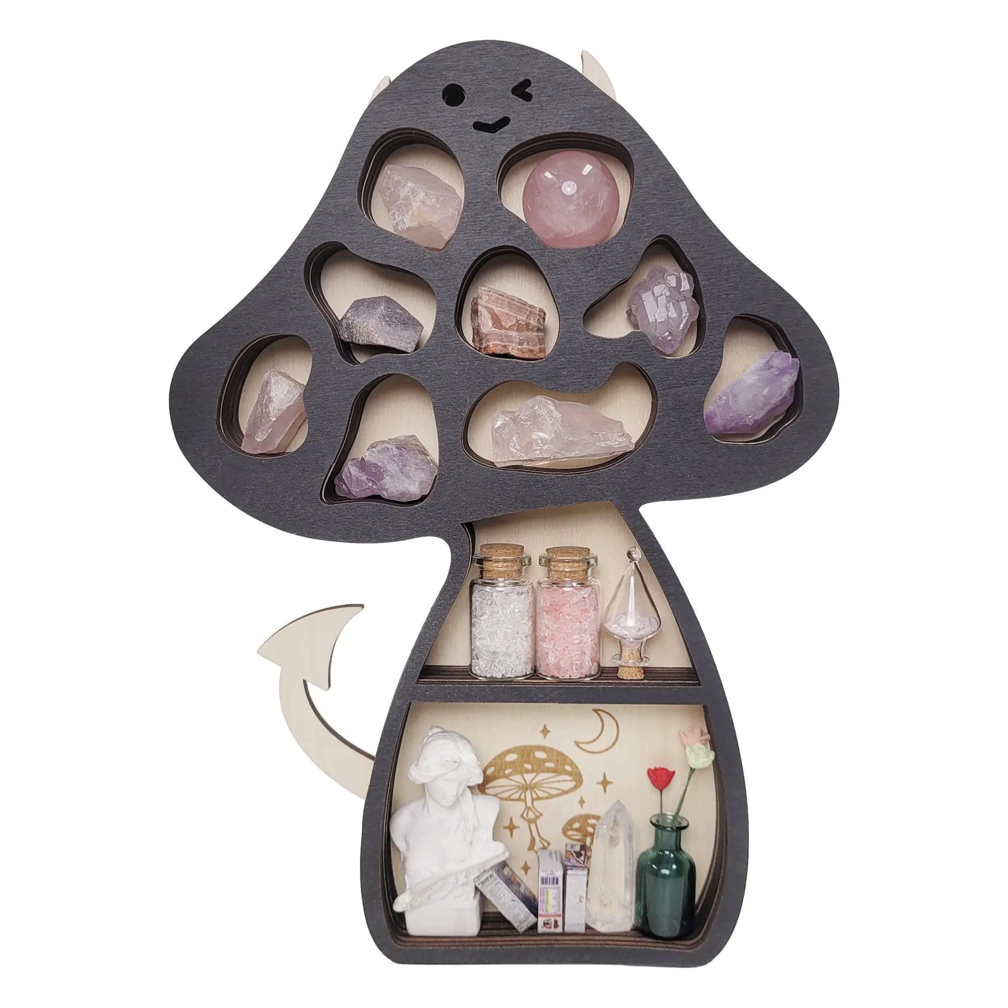 Decorative shelf with a cartoonish design featuring small figurines and jars on a white background