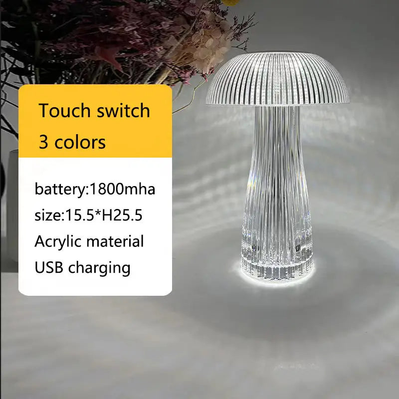 Clear acrylic table lamp with text on features and specifications.