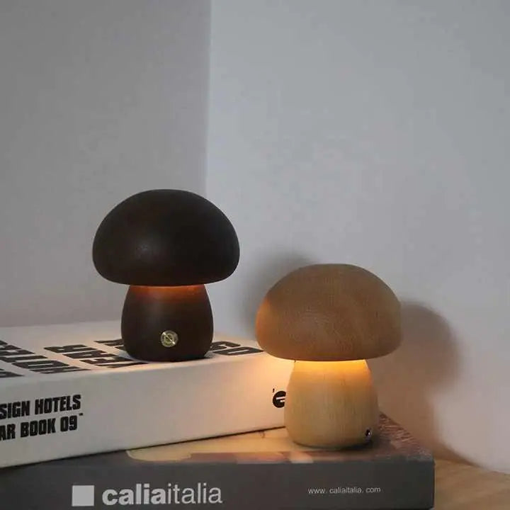 Wooden mushroom LED night light, rechargeable portable lamp