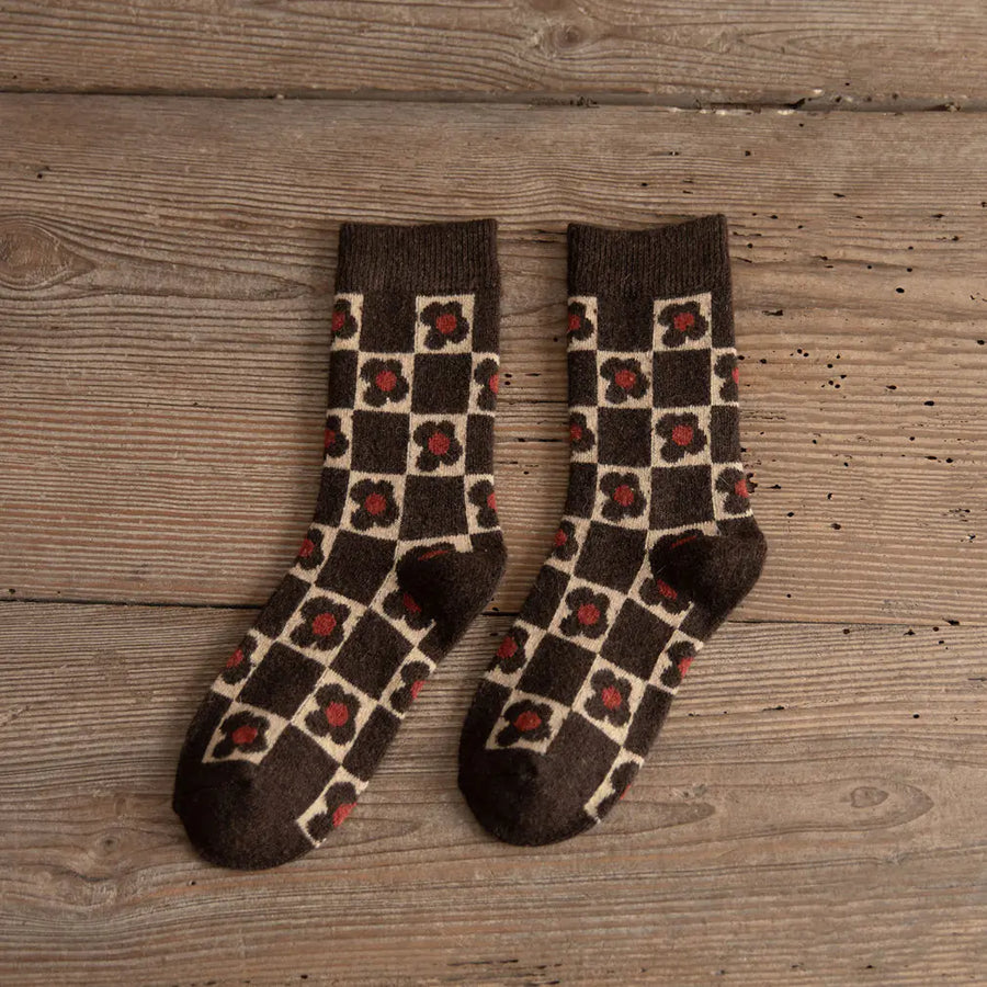 Thickened Brown Women's Wool Socks with Mushroom Design