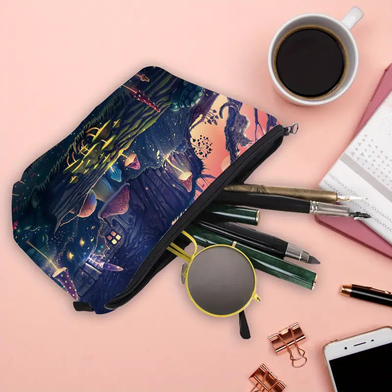 Pencil case with fantasy design on a pink surface with stationery items