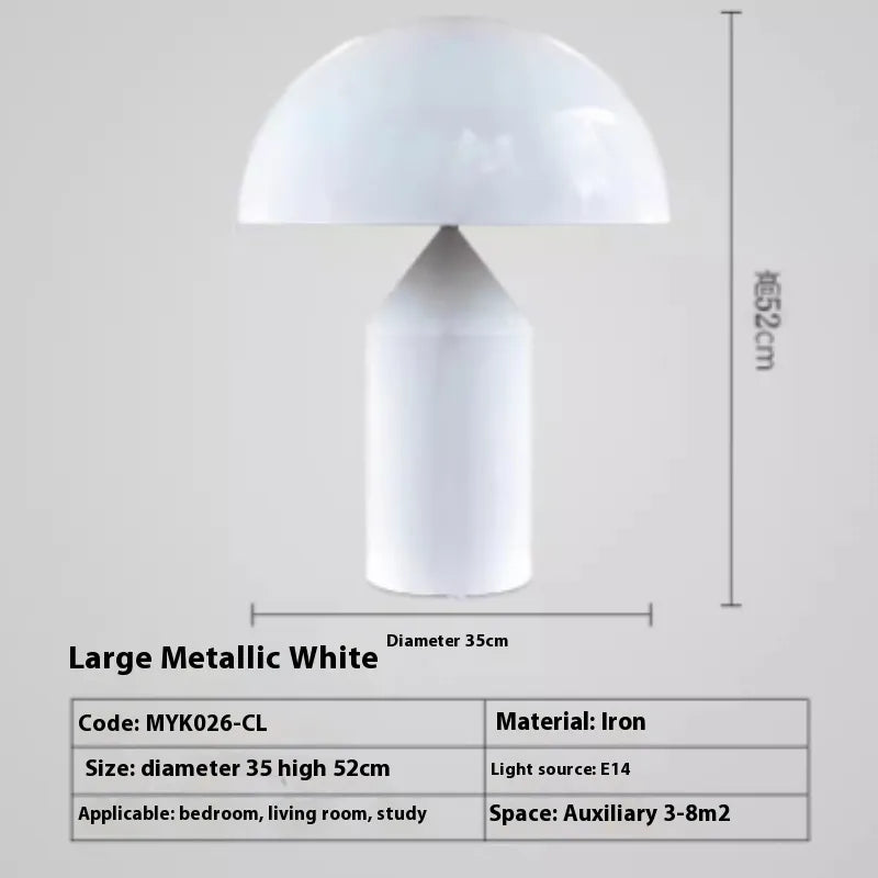 Large metallic white lamp with dimensions and specifications on a gray background