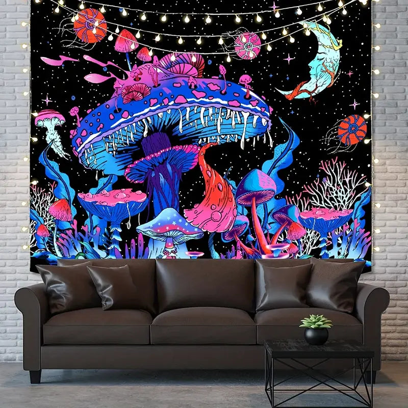 Colorful mushroom tapestry hanging on a brick wall above a brown sofa.