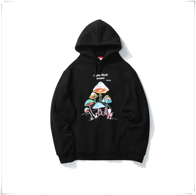 Black hoodie with colorful mushroom design on a white background