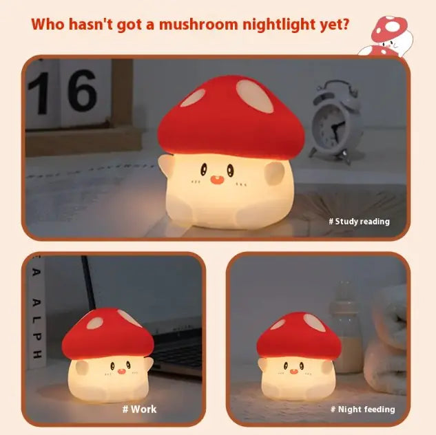 Mushroom-shaped nightlight with red cap and white body on a desk.