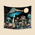 Mushroom tapestry with a moon and stars on a beige wall.