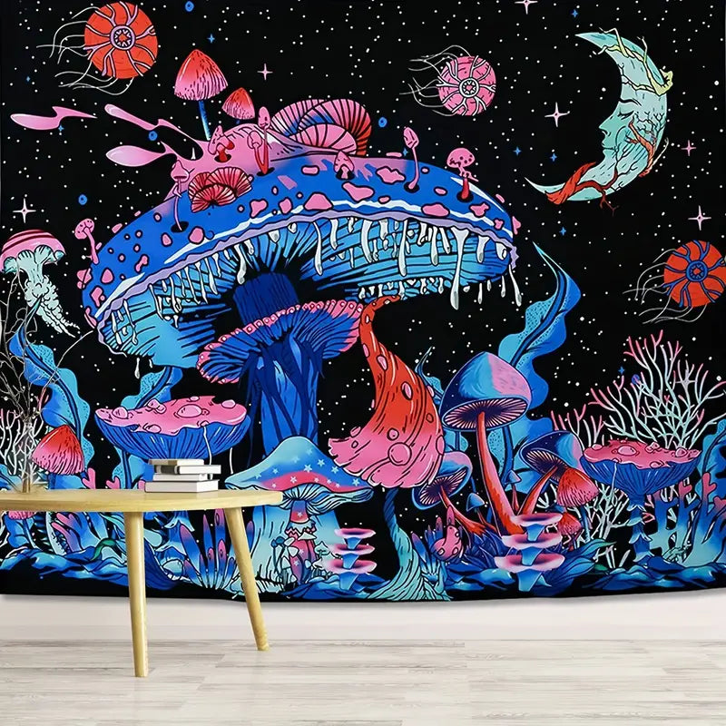 Colorful mushroom and space-themed tapestry on a wall with a table in front.