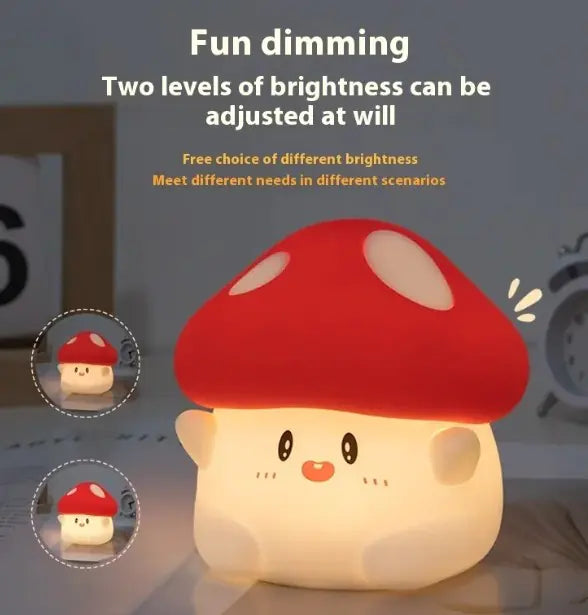Mushroom-shaped night light with dimming feature on a blurred background