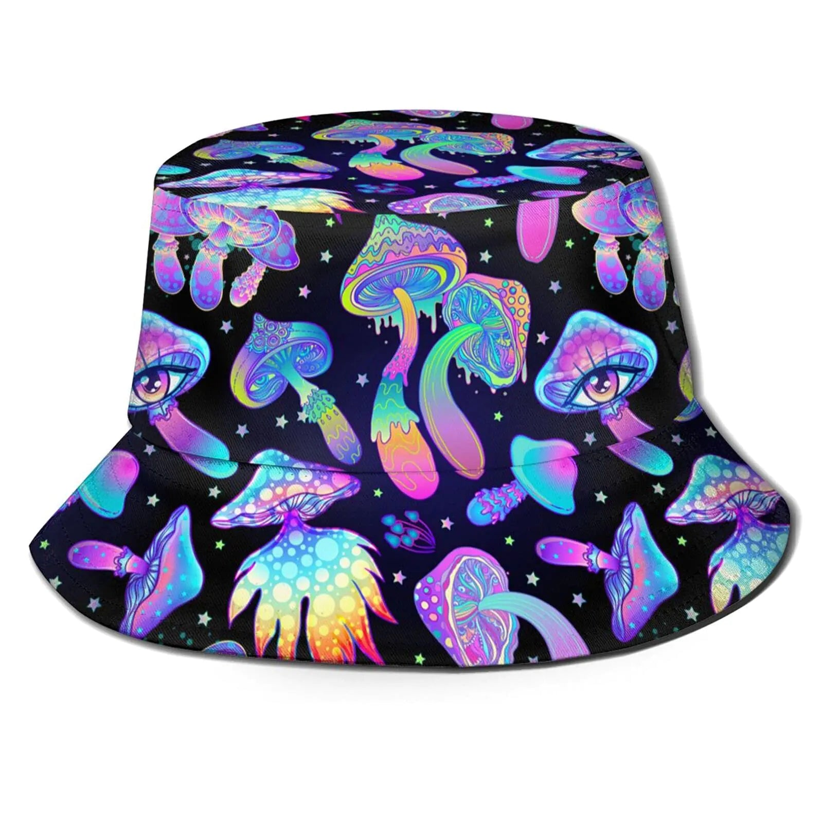 Bucket hat with colorful mushroom design on a black background