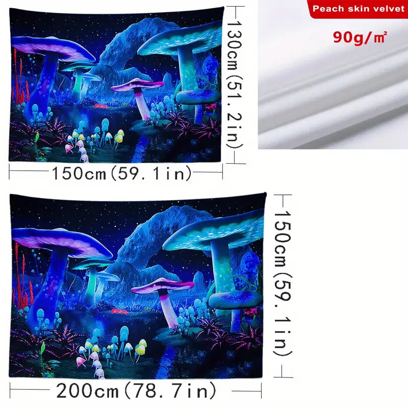 Fairy tale mushroom tapestry with measurements and fabric details.