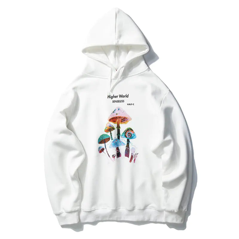 White hoodie with colorful mushroom design and text on a white background