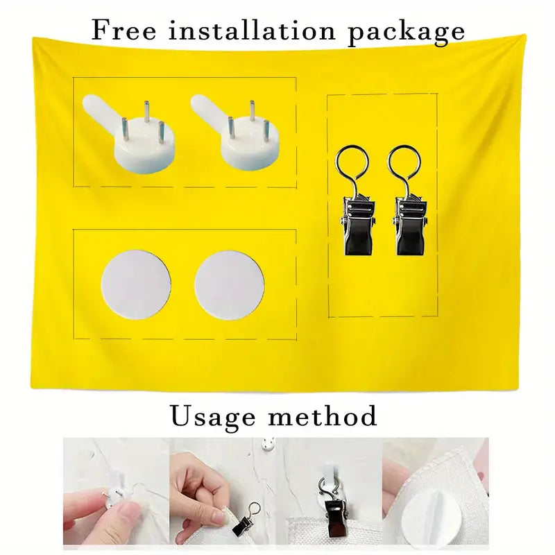 Yellow package with installation components and usage method illustrations on a white background