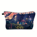 Pouch with a fantasy forest design featuring mushrooms and a glowing lantern.
