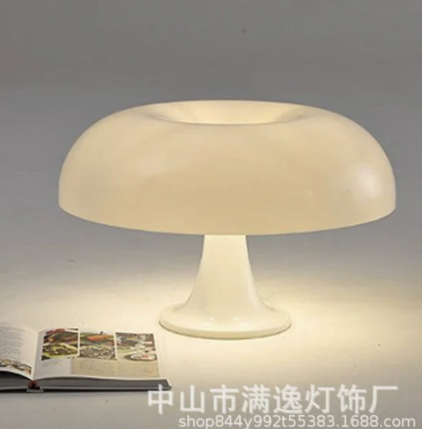 White mushroom-shaped lamp on a gray background with a visible brand name.