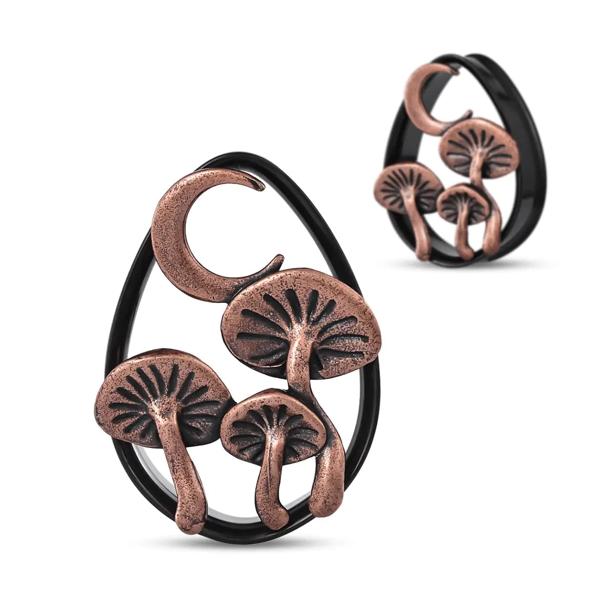 Pair of black and copper mushroom-shaped earrings on a white background