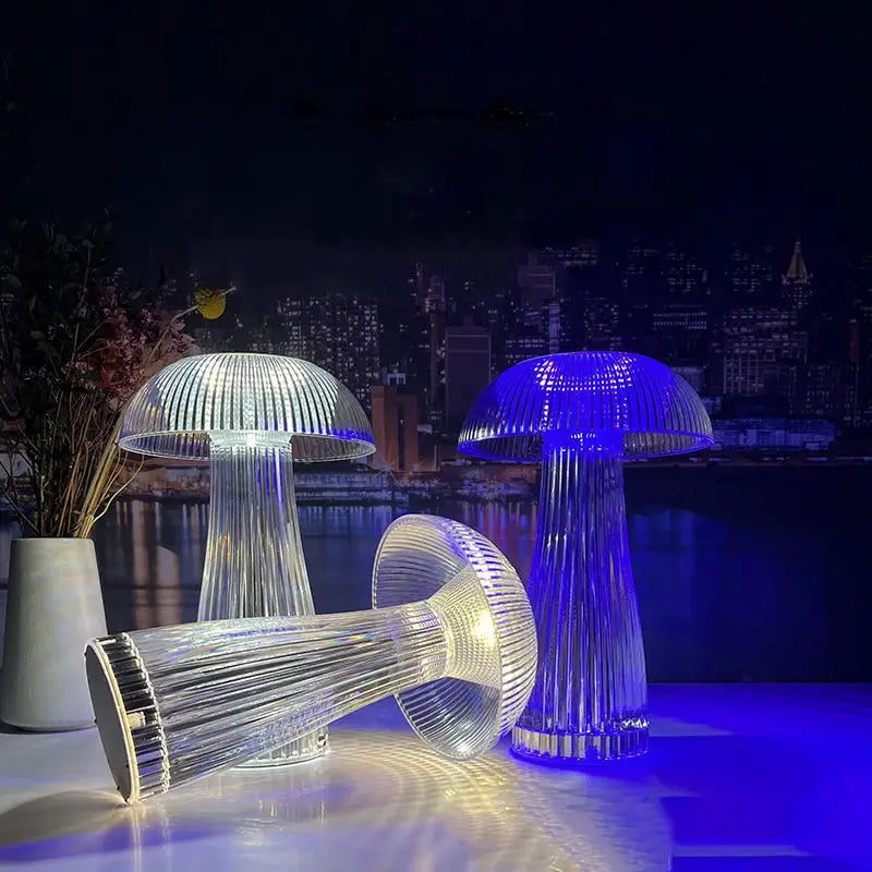 Mushroom-shaped lamps with a cityscape in the background