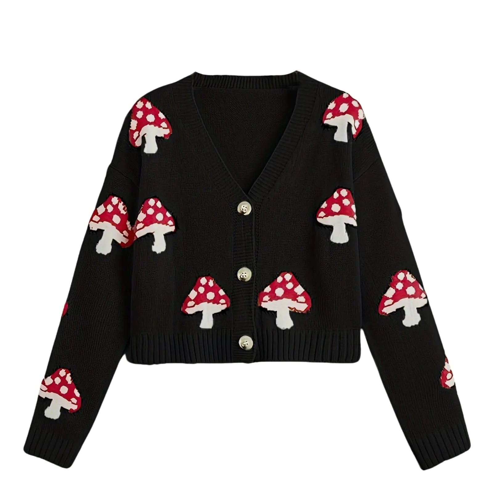 Black cardigan with red and white mushroom patterns on a white background