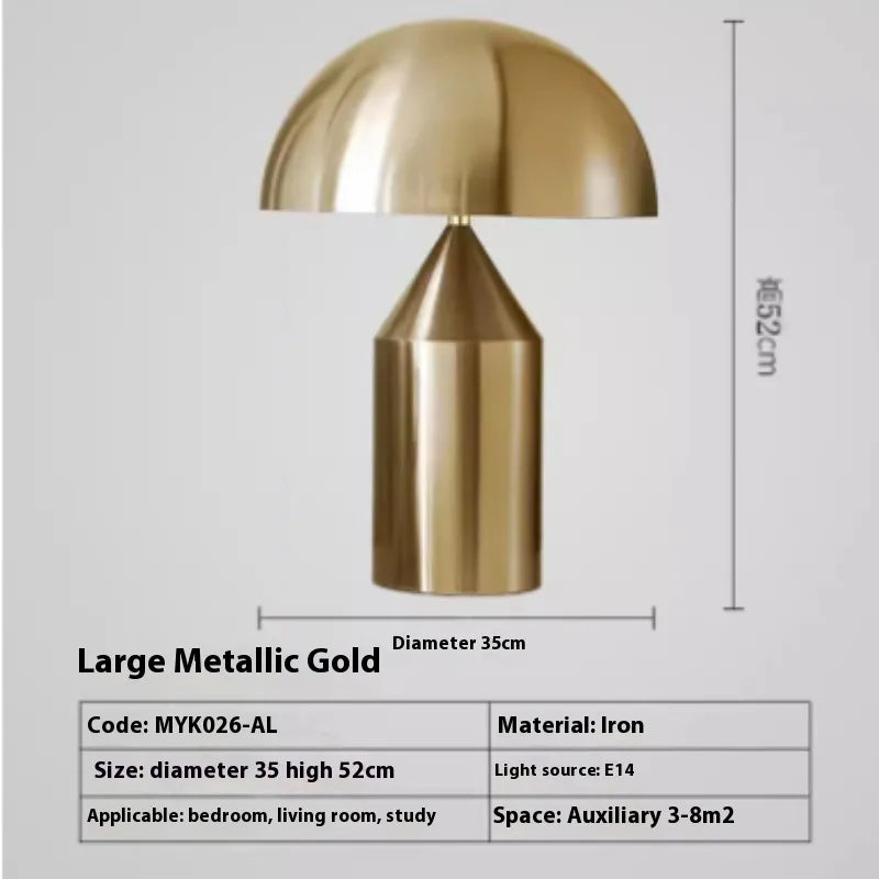 Gold metallic lamp with dimensions and specifications on a gray background