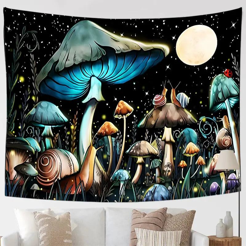 Fairy tale forest tapestry with mushrooms and snails under a moonlit sky.