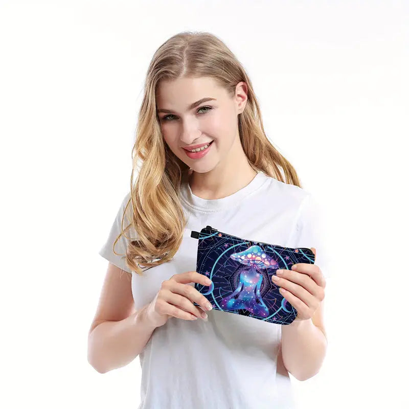 Woman holding a colorful pouch with a white background