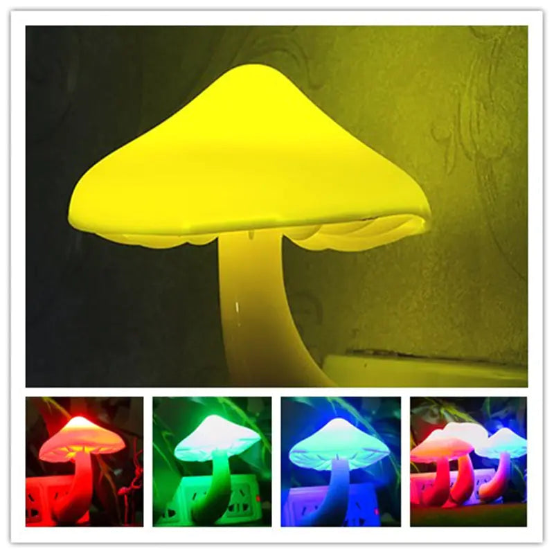 Mushroom-shaped night light with color-changing capabilities on a dark background.