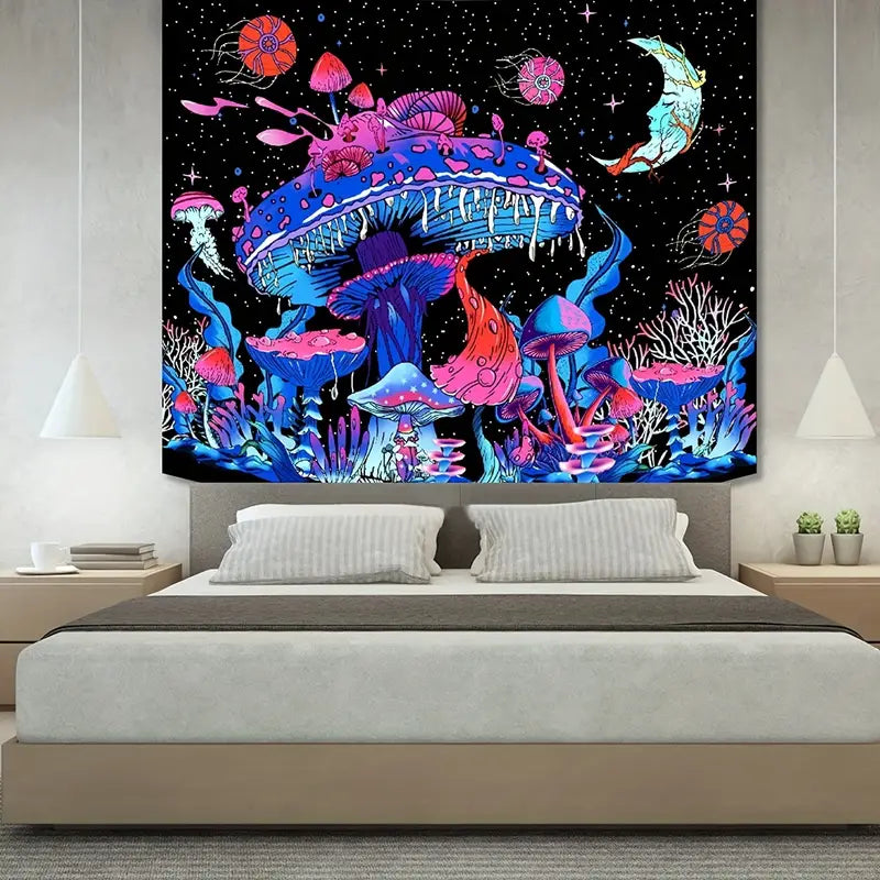 Colorful mushroom tapestry hanging above a bed in a bedroom setting.