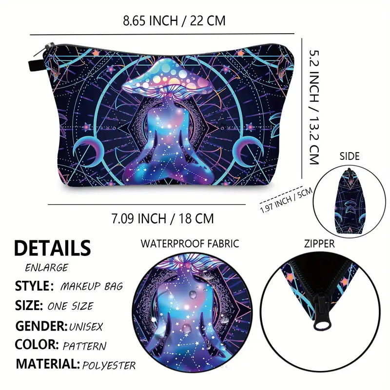 Makeup bag with galaxy design and measurements on a white background